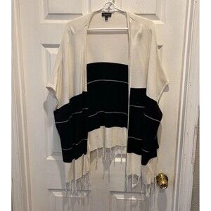 The Limited Cardigan Womens M/L Shawl Cream‎ Black Sleeveless Fringe Knit